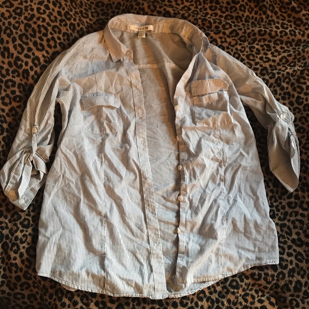 Light blue and white striped button blouse